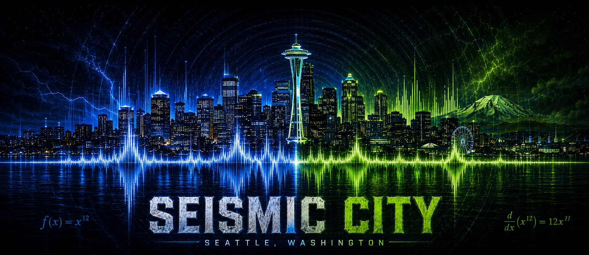 Seismic City banner showing the Seattle skyline, Space Needle, Mount Rainier, and a blue-and-green soundwave reflected across the water