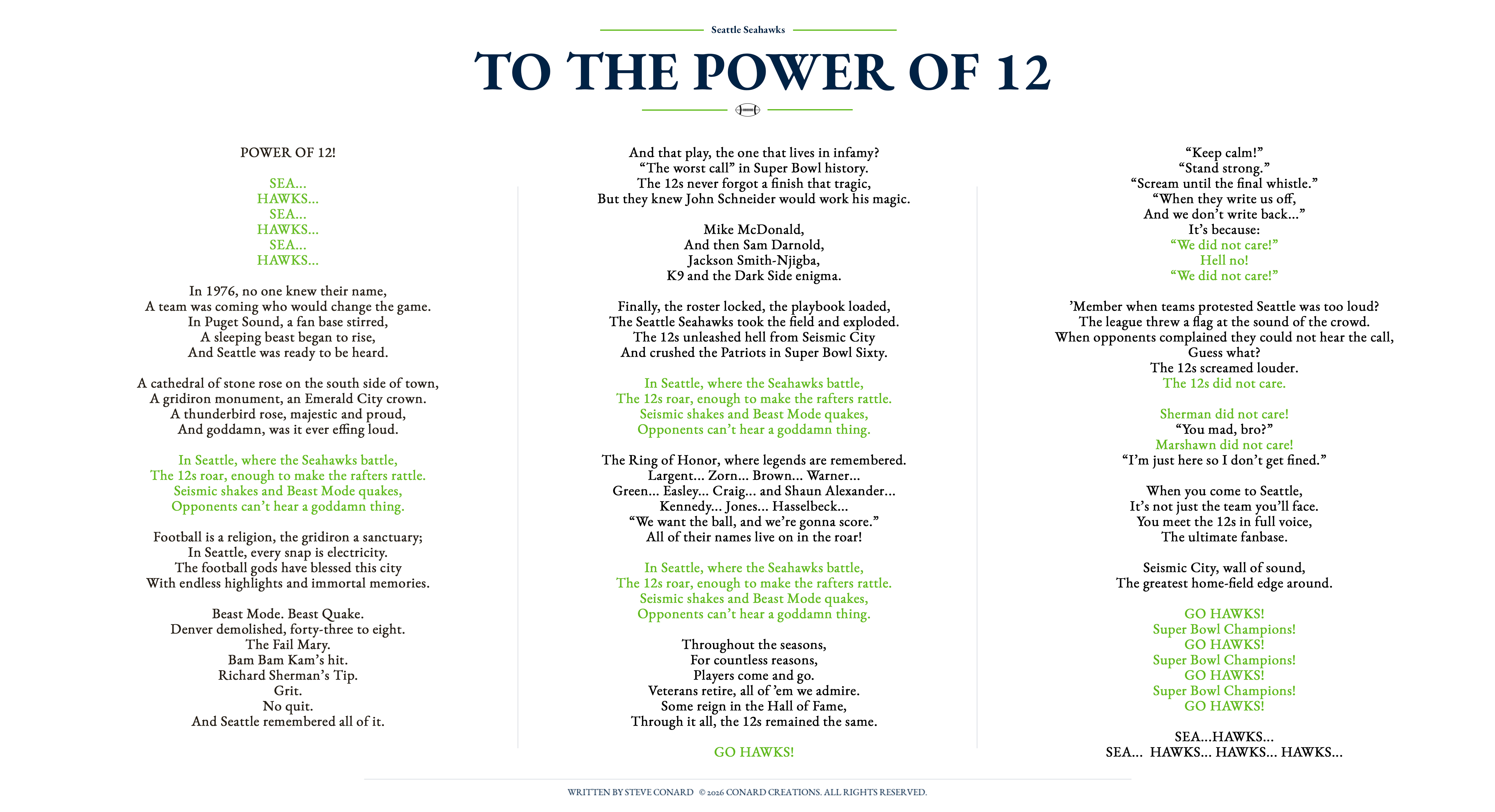 Illustrated lyric sheet for To the Power of 12 arranged in three columns with navy and bright green typography
